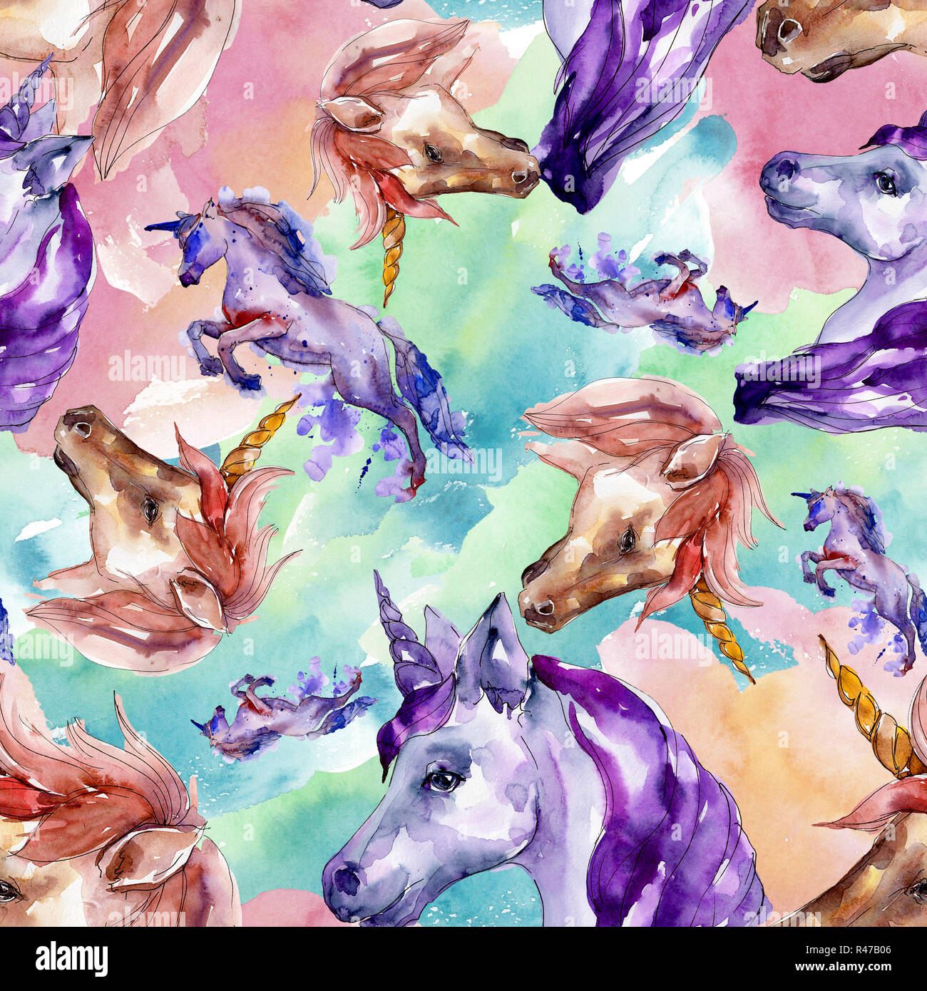 Cute unicorn horse in a watercolor style isolated. Seamless ...