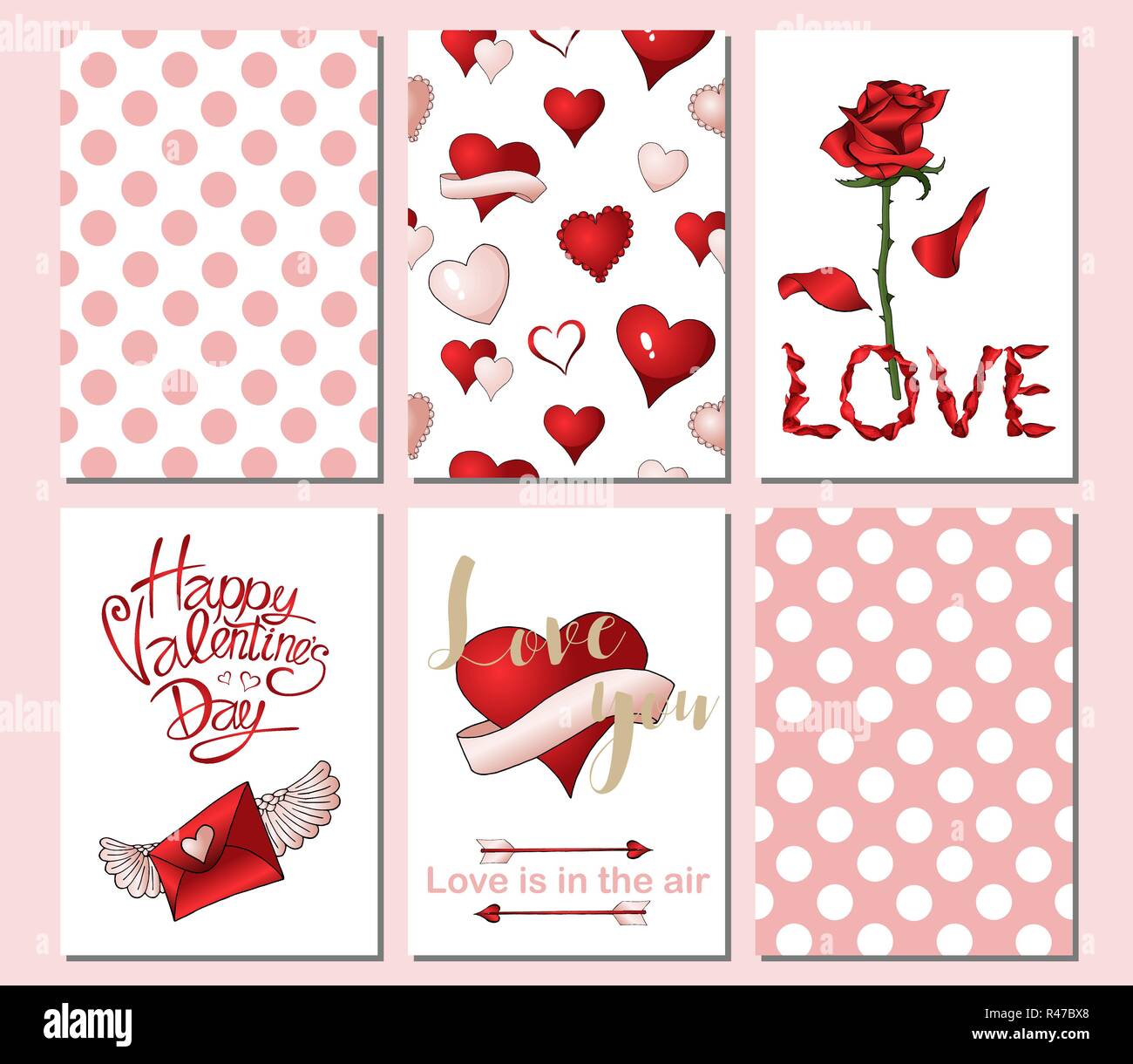 set of 6 cards or templates for valentines day with ornate red and valentines templates