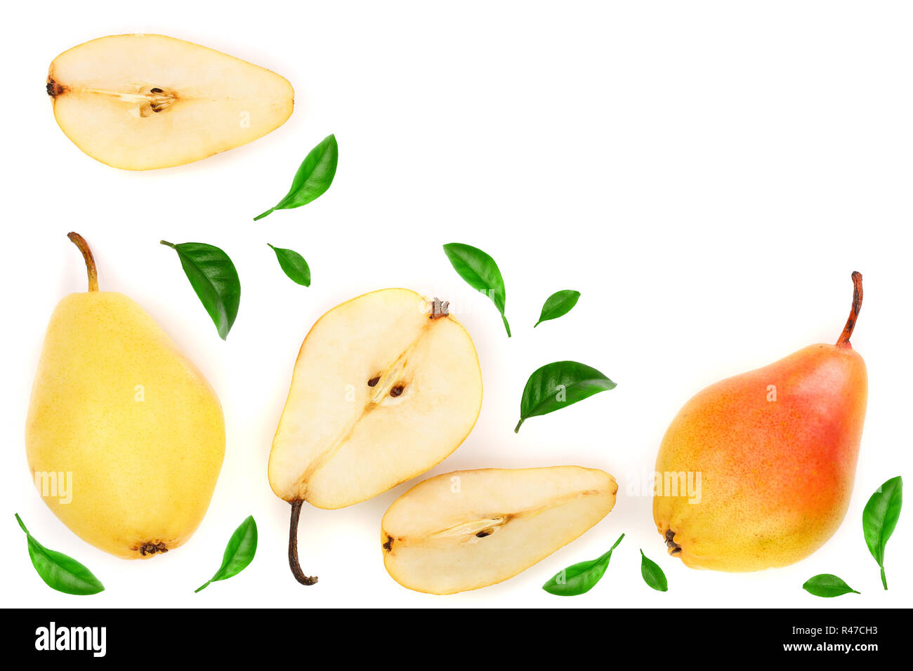 ripe red yellow pear fruits with leaves isolated on white background ...