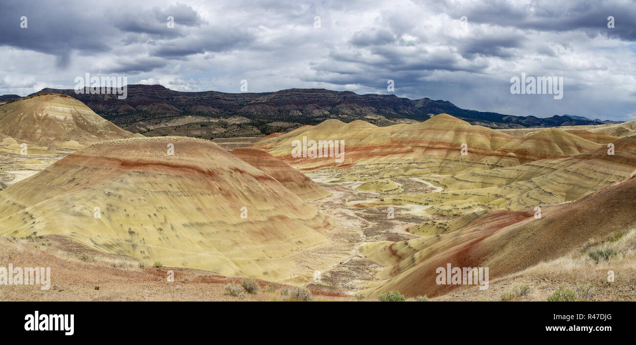 Painted Hills panorama, geological sedimentary formation or badlands at Mitchell, Central Oregon, USA. Stock Photo