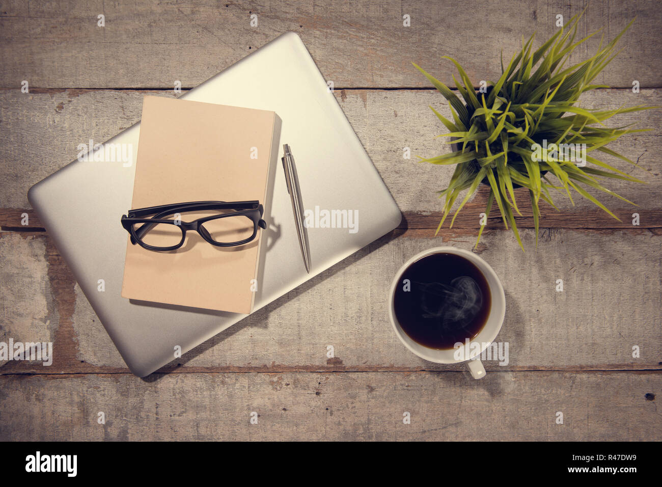 Overhead view working table top Stock Photo Alamy