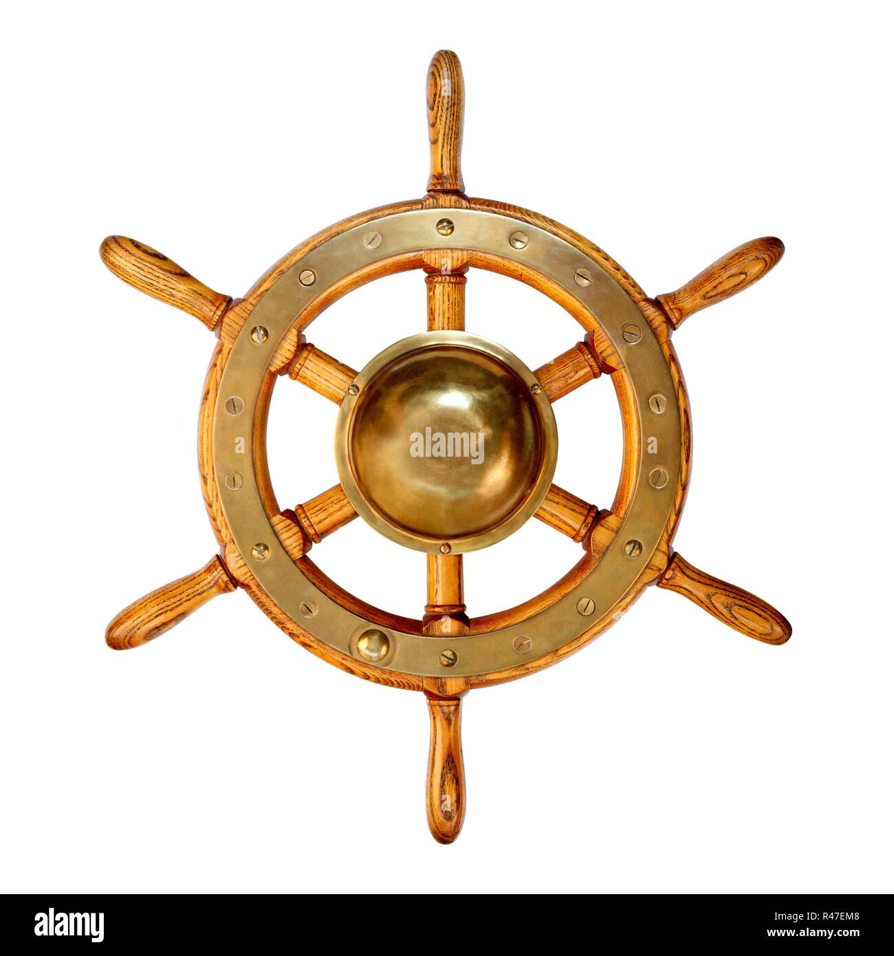 Old boat steering wheel isolated on the white background Stock Photo