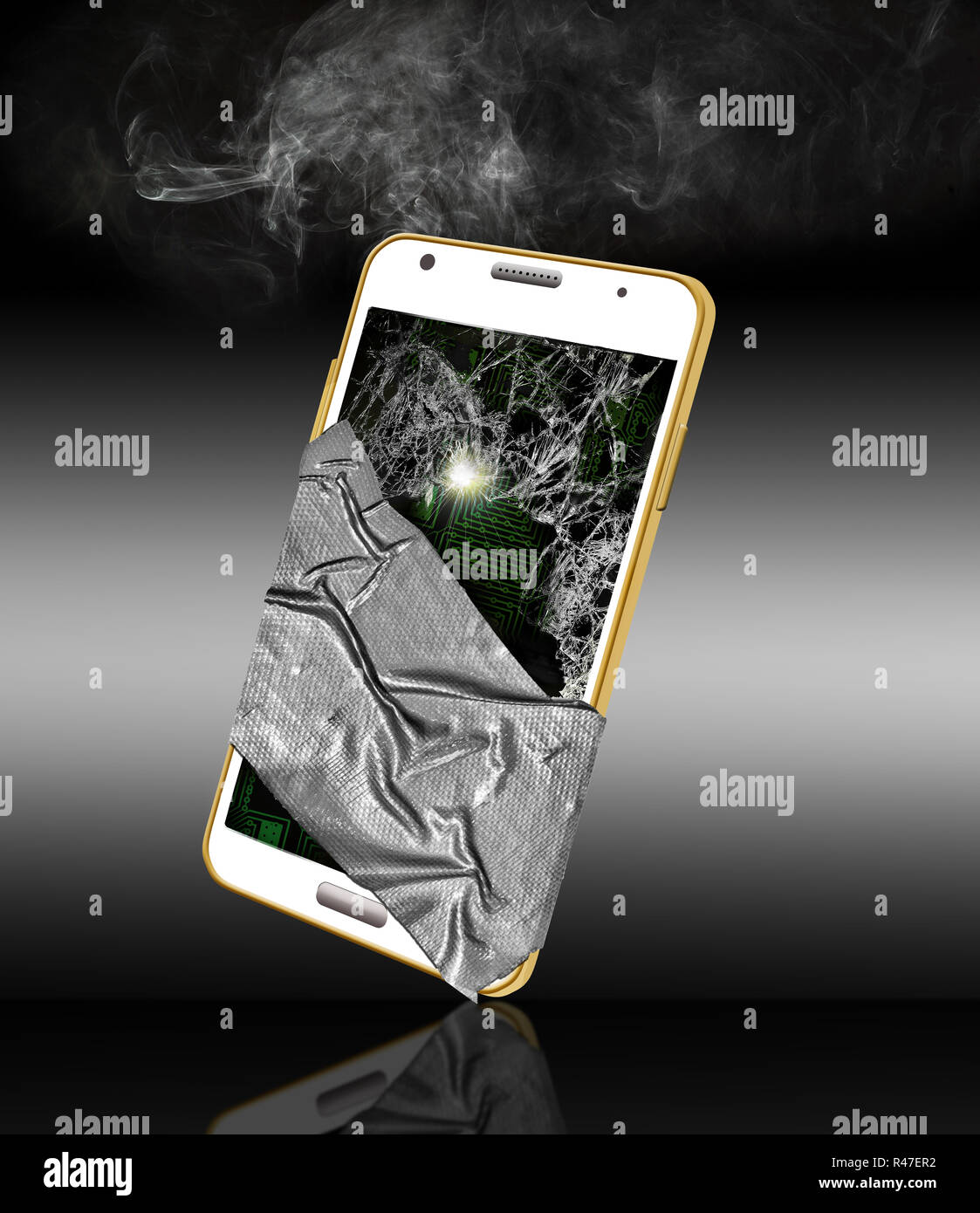 Here is a badly damaged cell phone that is smoldering, shattered and