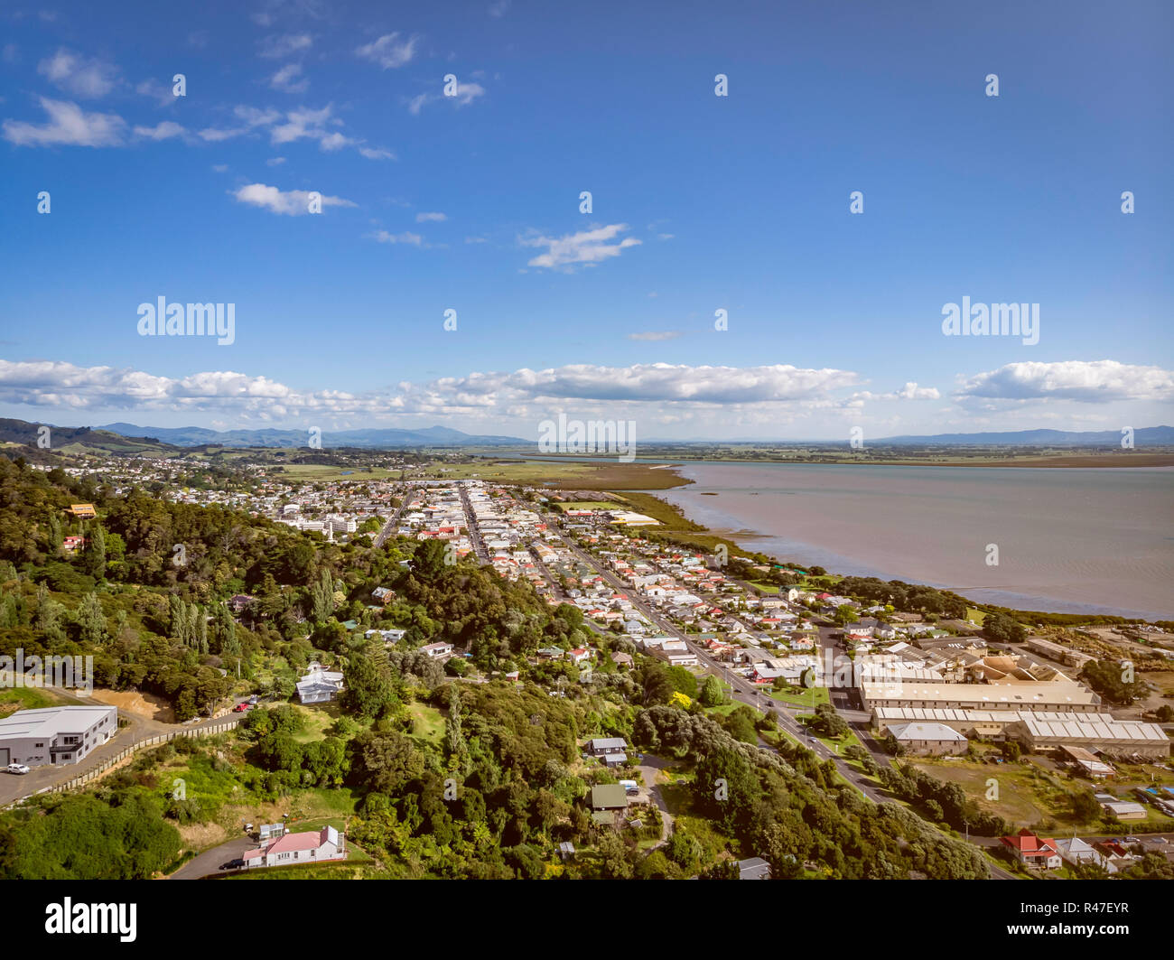 Drone view of Thames, Coromandel New Zealand Stock Photo