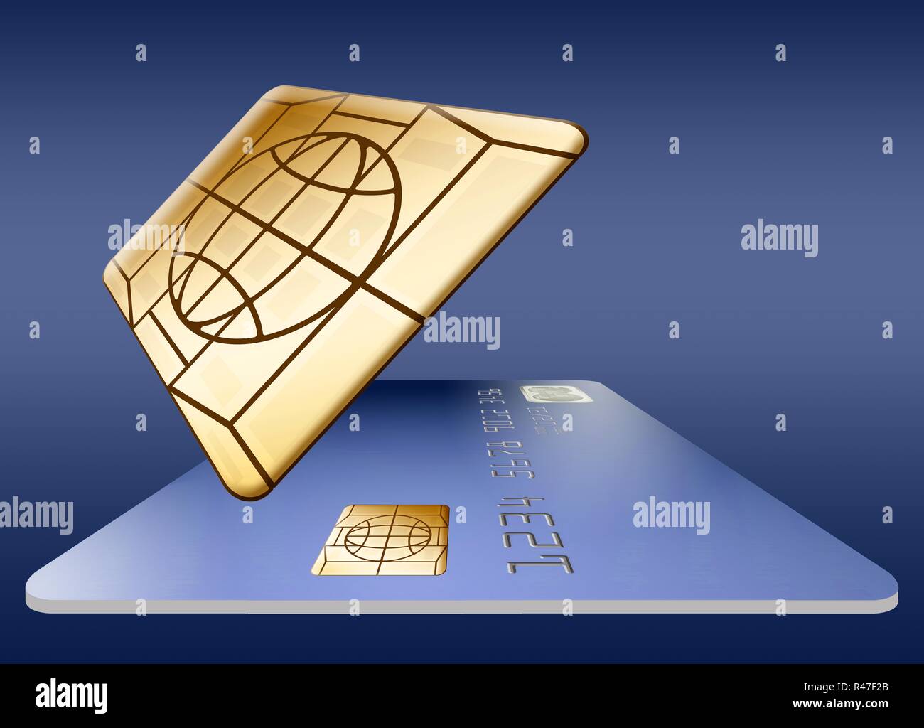 An EMV chip close up hovers next to a credit card to illustrate how the ...
