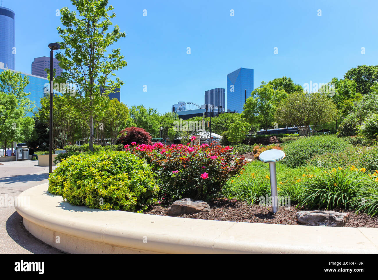 Beautiful view from downtown park with foreground flowers and trees on Atlanta skyline Stock Photo