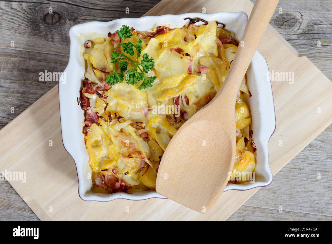 French Traditional Potato Gratin Tartiflette Of Savoie Stock Photo