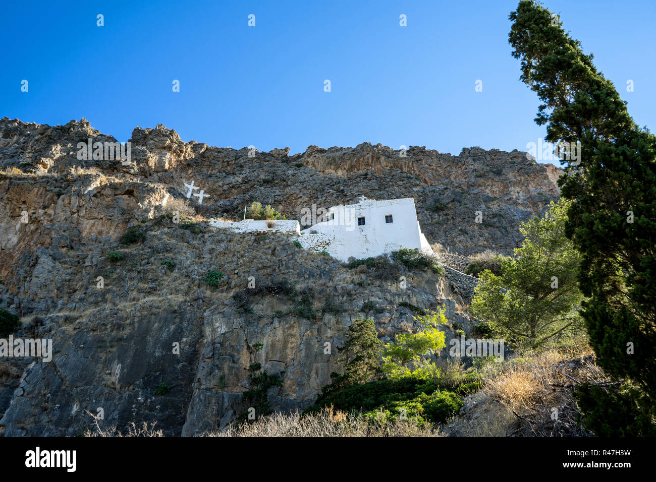 Saint John on the cliff monastery near Kapsali village in Kythira island, Greece. Stock Photo
