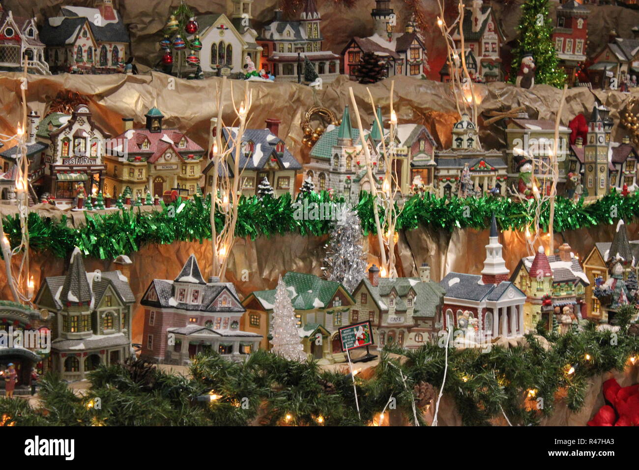 View of hillside town and village Miniatures displayed as Christmas