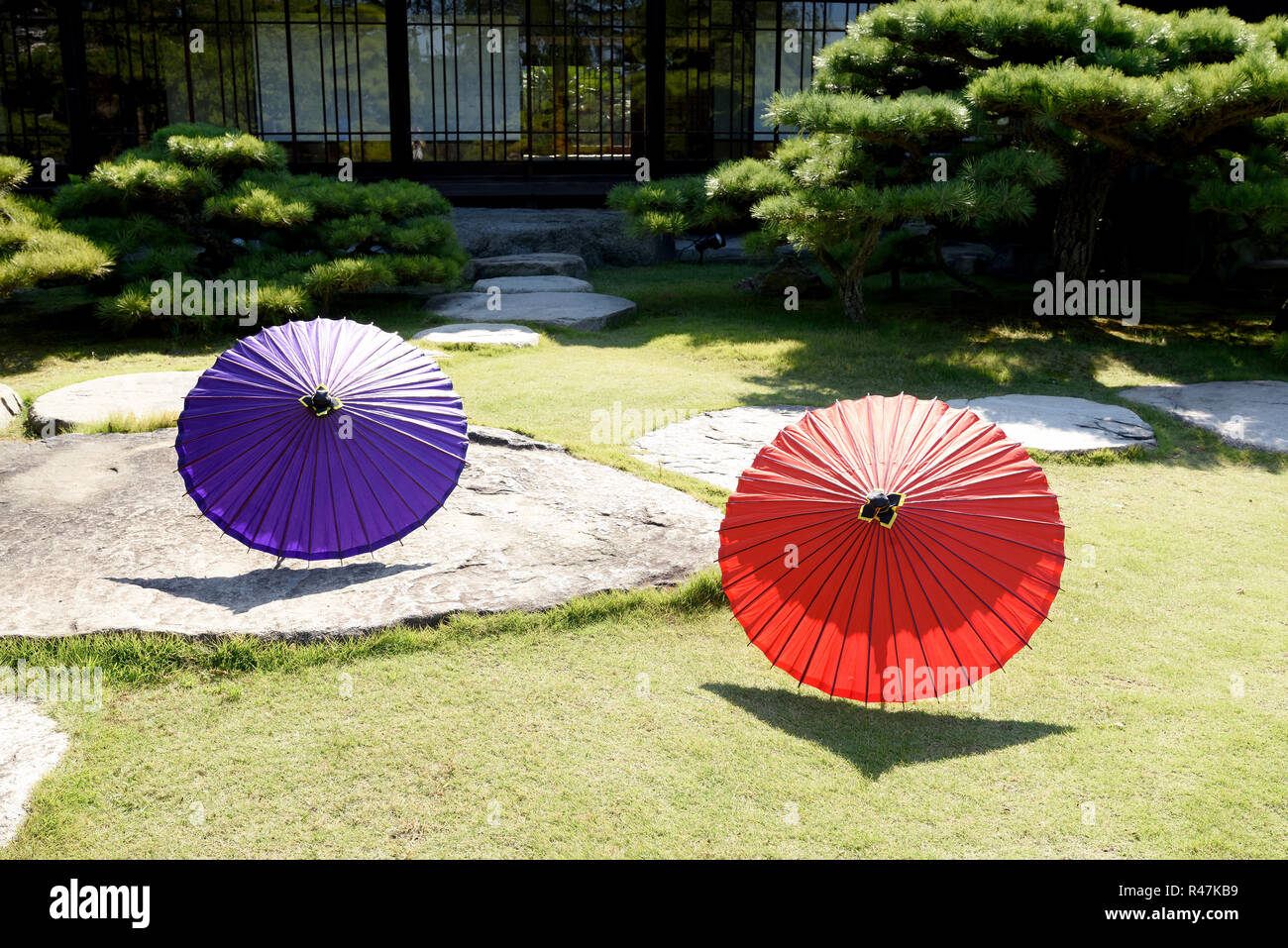 Japanese garden with traditional Japanese umbrella Stock Photo