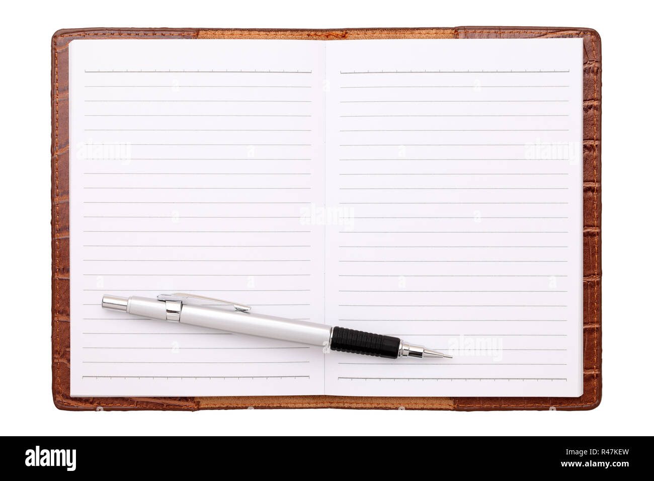leather notebook and ballpoint pen Stock Photo