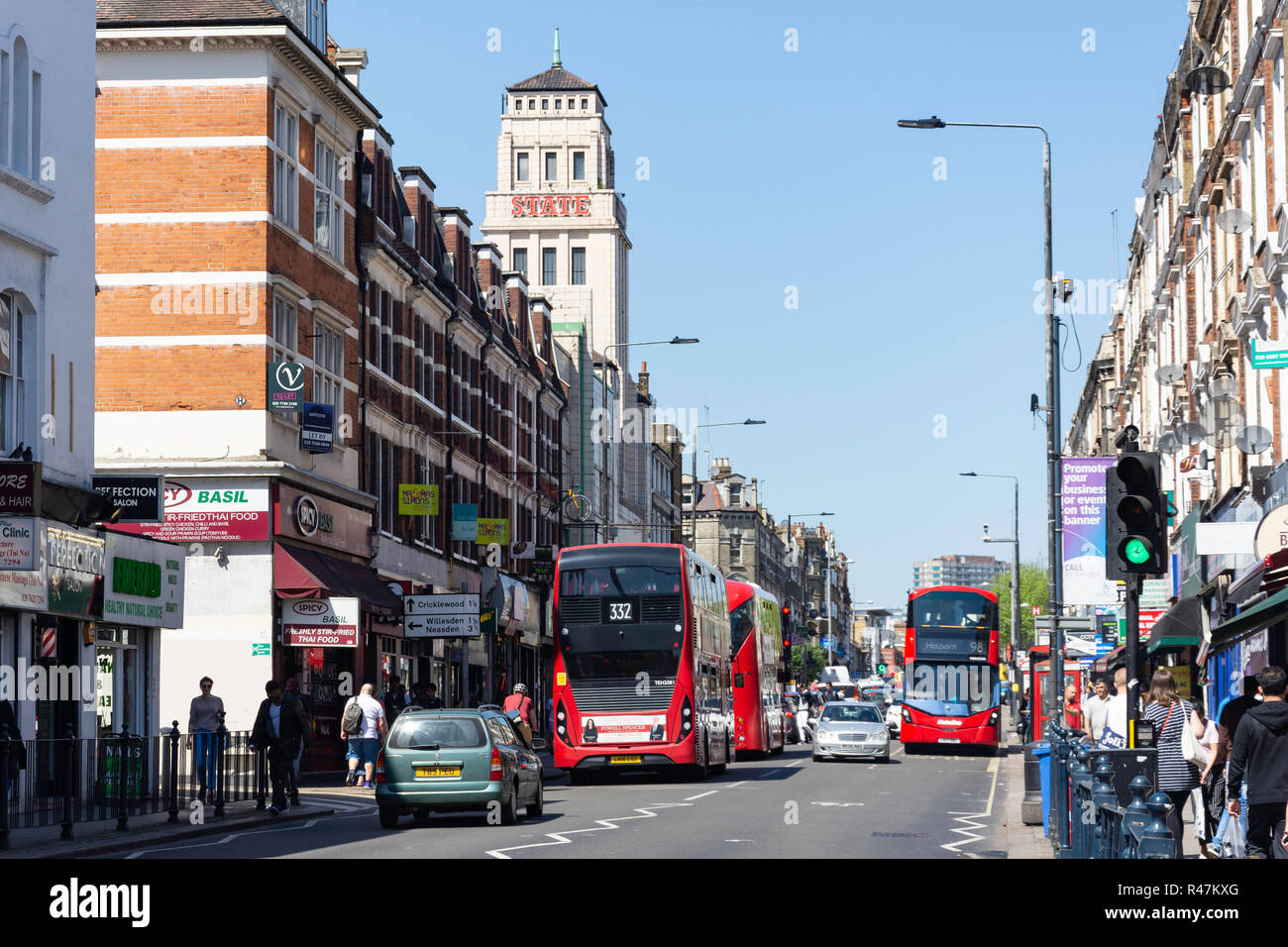 Kilburn High Road showing Gaumont State Cinema tower, Kilburn, London