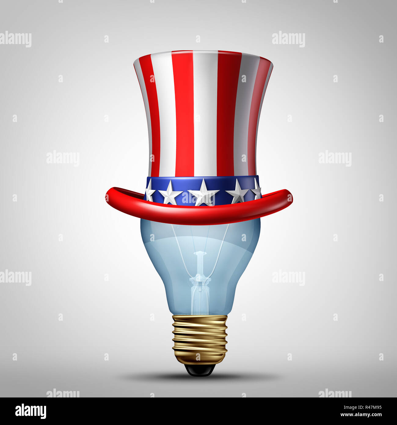 United States creativity and American creative ideas concept as a Us patriotic hat on a lightbulb as an illuminated light of imagination. Stock Photo