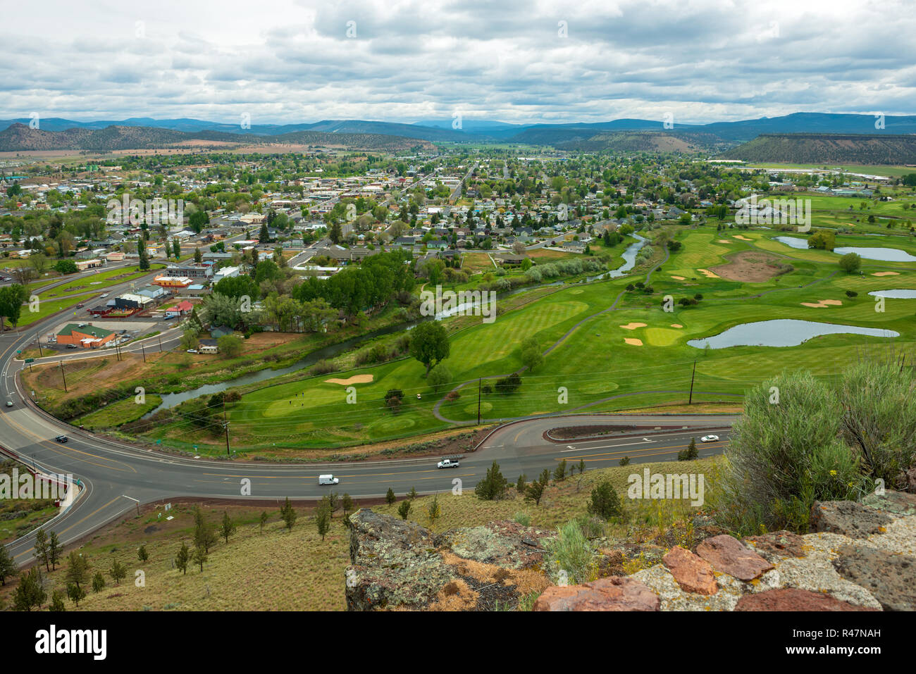 Aerial View of Prineville, Oregon, with the Crooked River and golf