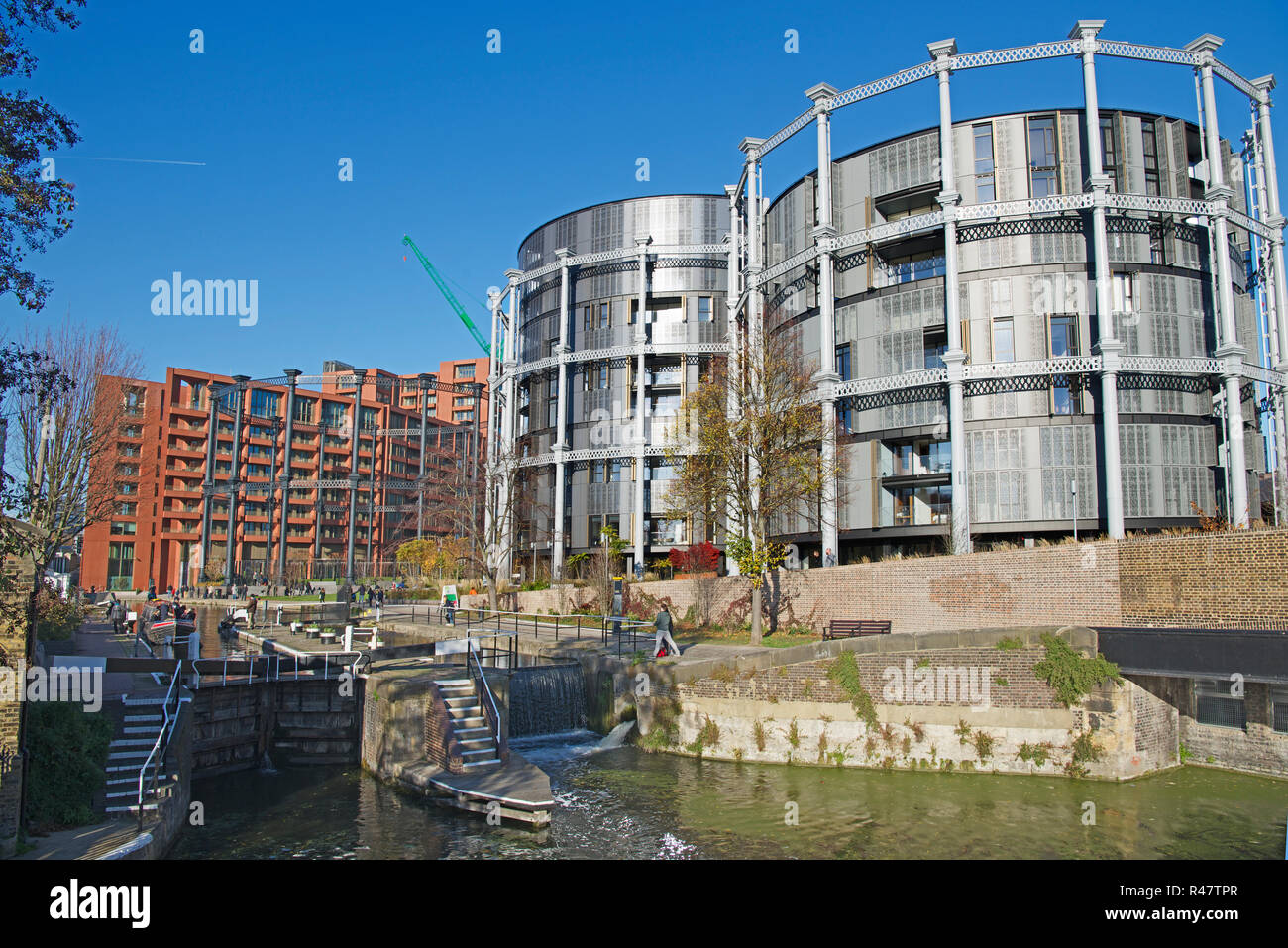 St Pancras lock with converted luxury apartments from Victorian gas holders Kings Cross London England Stock Photo