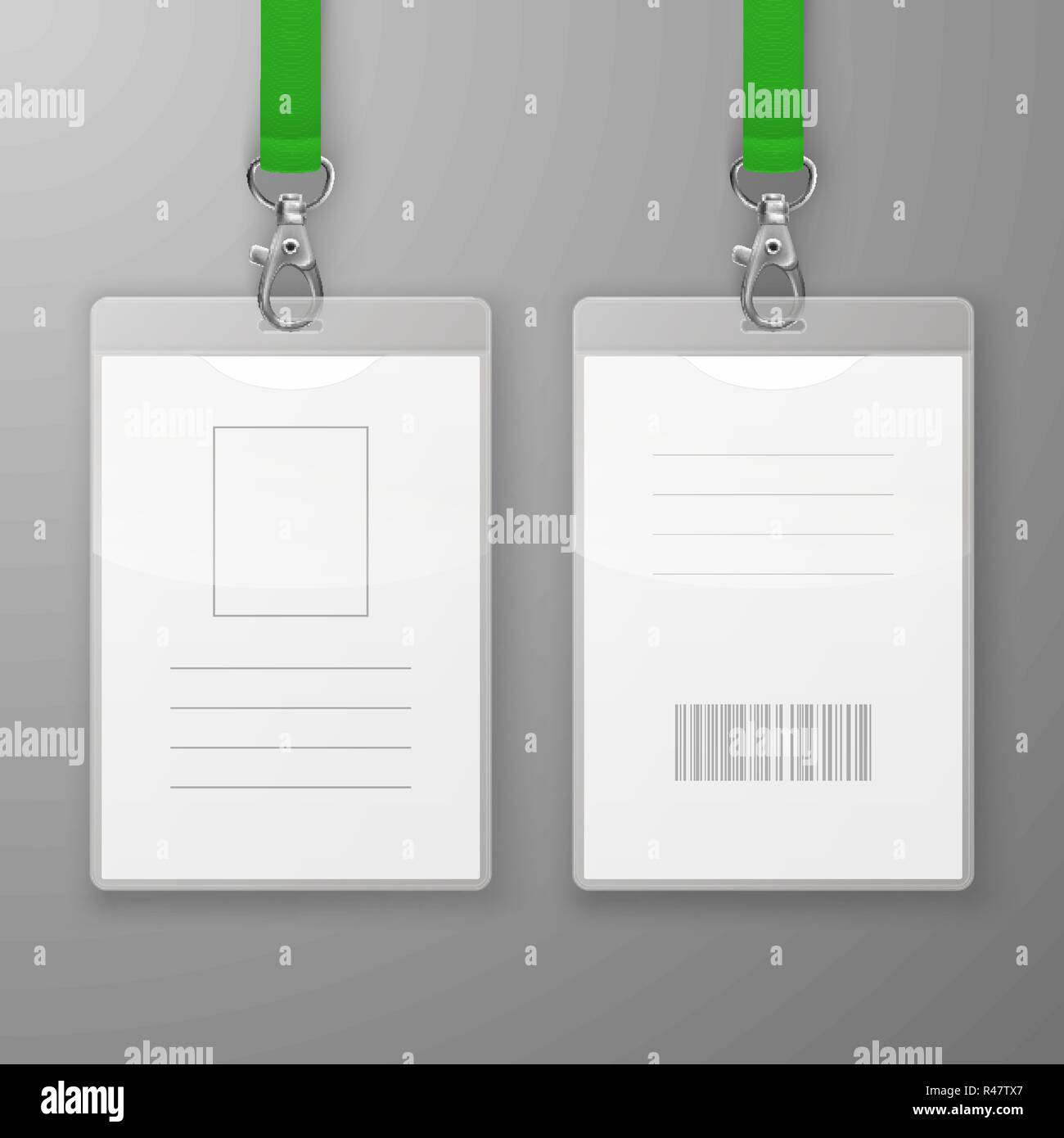 Two Vector Realistic Blank Office Graphic Id Cards with Clasp and Lanyard Closeup Isolated. Front and Back Side. Design Template of Identification Card for Mockup. Identity Card Mock-up in Top View Stock Vector
