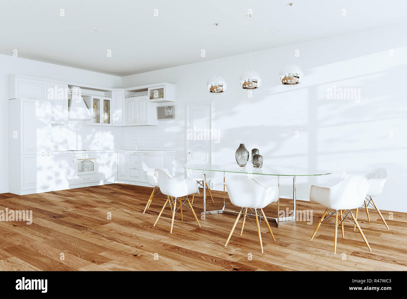 White dining room and classic kitchen interior 3d render Stock Photo ...