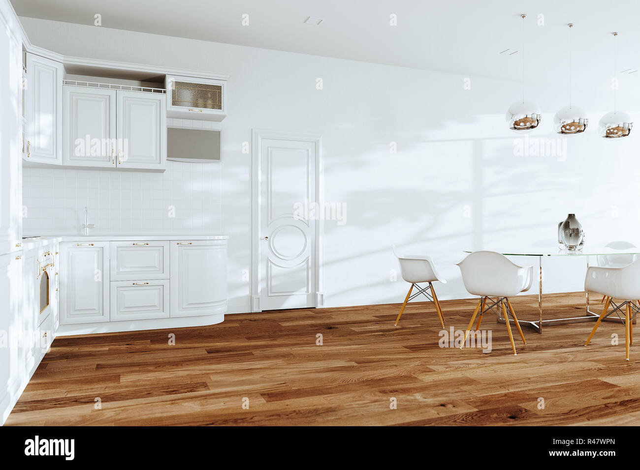 White classic kitchen interior and dining room 3d render Stock Photo ...