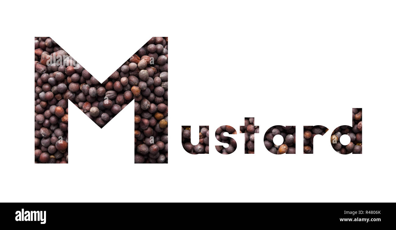 The word Mustard with black mustard seeds isolated on white Stock Photo
