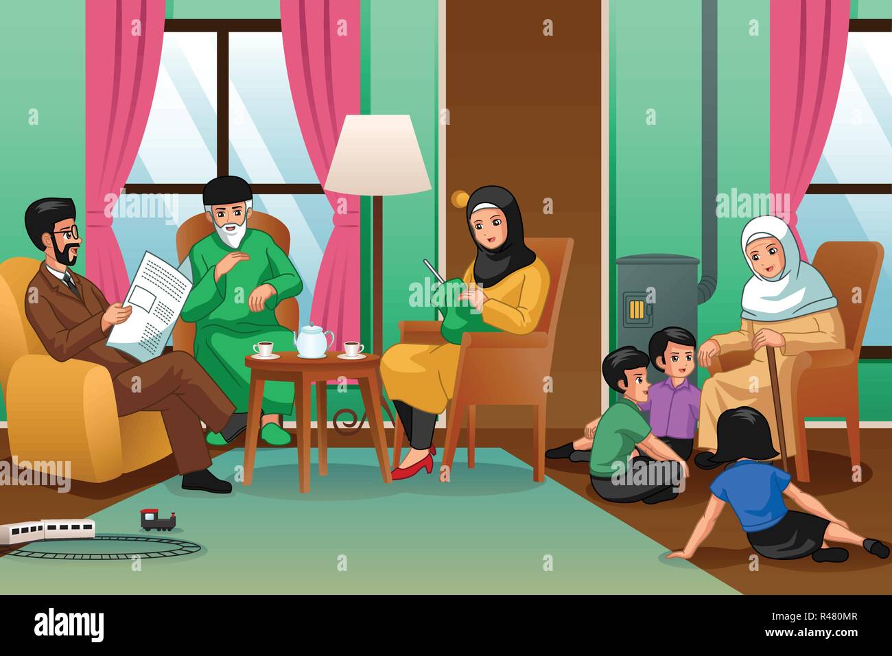 A vector illustration of Muslim Family at Home Stock Vector
