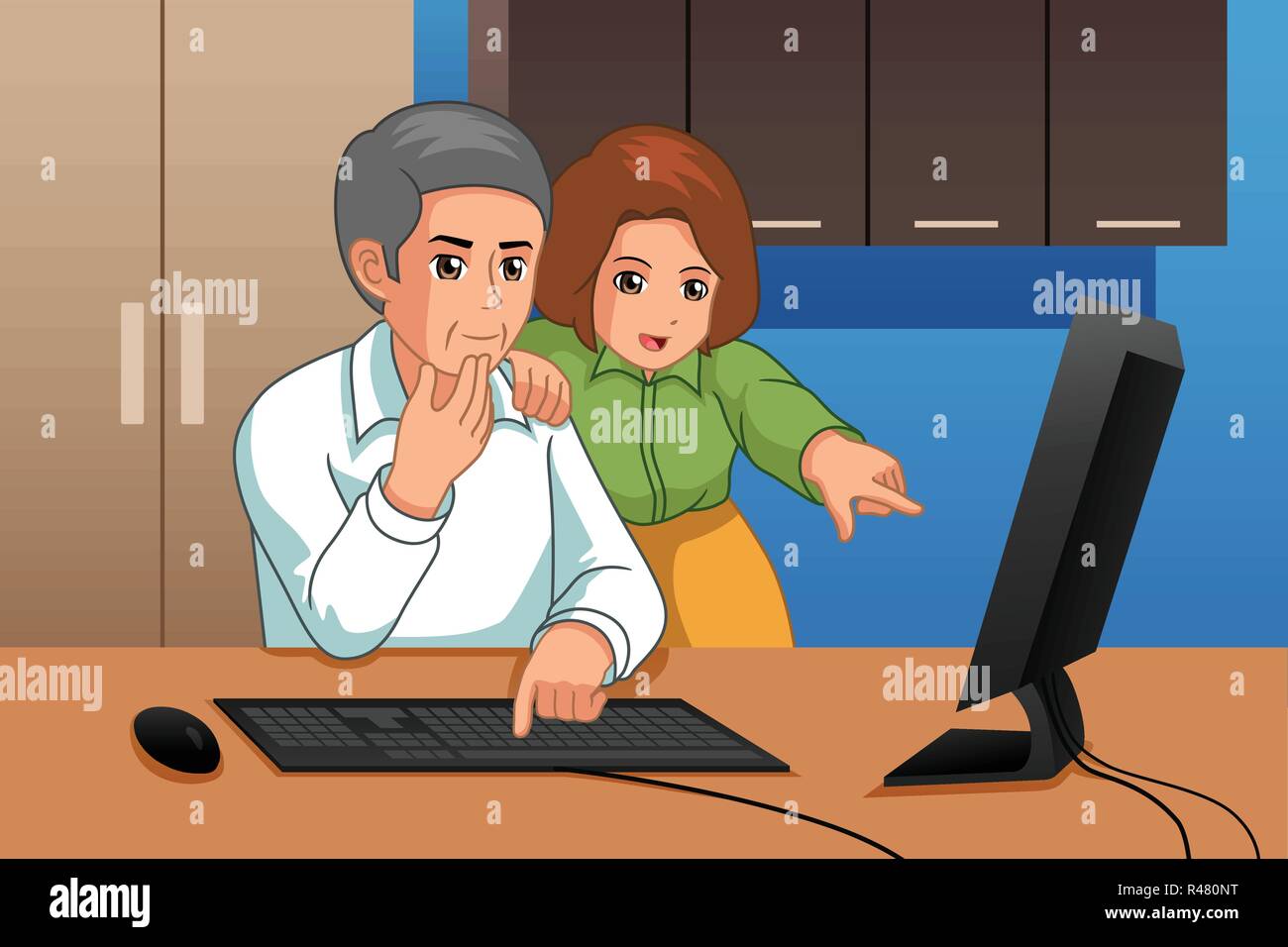 A vector illustration of Father and Daughter Working on Computer Stock Vector