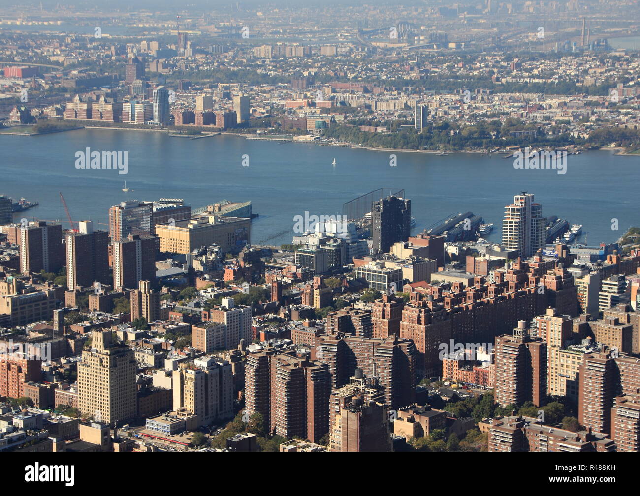 Hudson River with Skyline of New York in Aerial Perspective Stock Photo ...