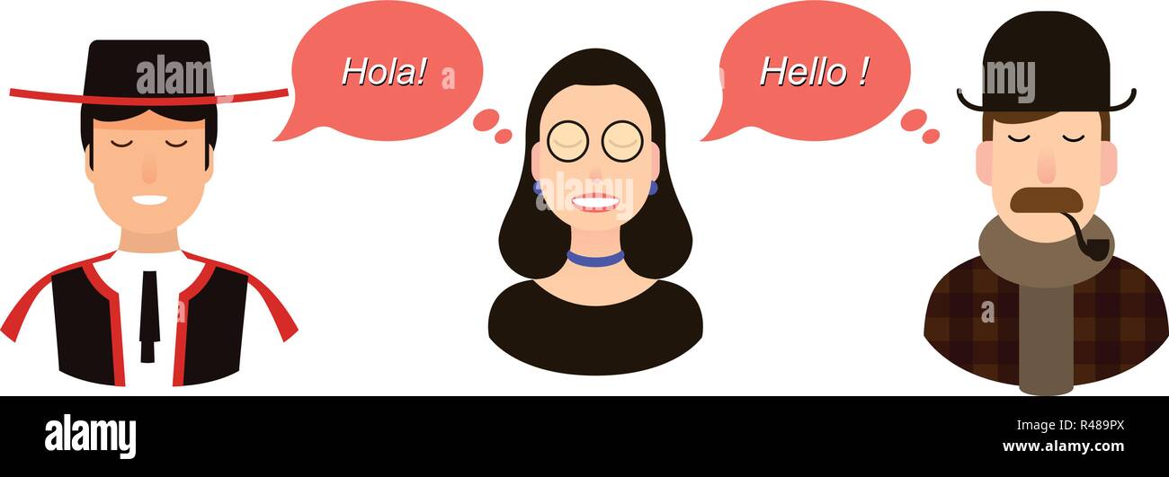 International Communication Translation Concept Illustration Tourists Or Businessmen Or Politicians From Spain Or Spanish Speaking Country And England Communicate Through A Girl Translator Stock Vector Image Art Alamy