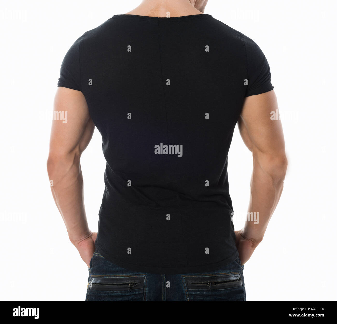 Rear View Of Man In Black Tshirt On White Background Stock Photo - Alamy