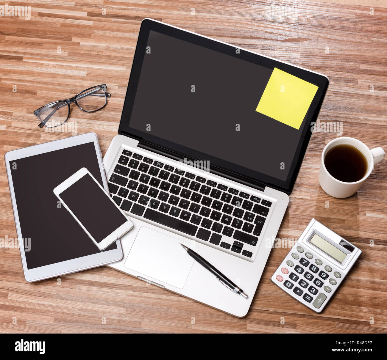 Wood Businessman S Desk In High Definition With Laptop Tablet And