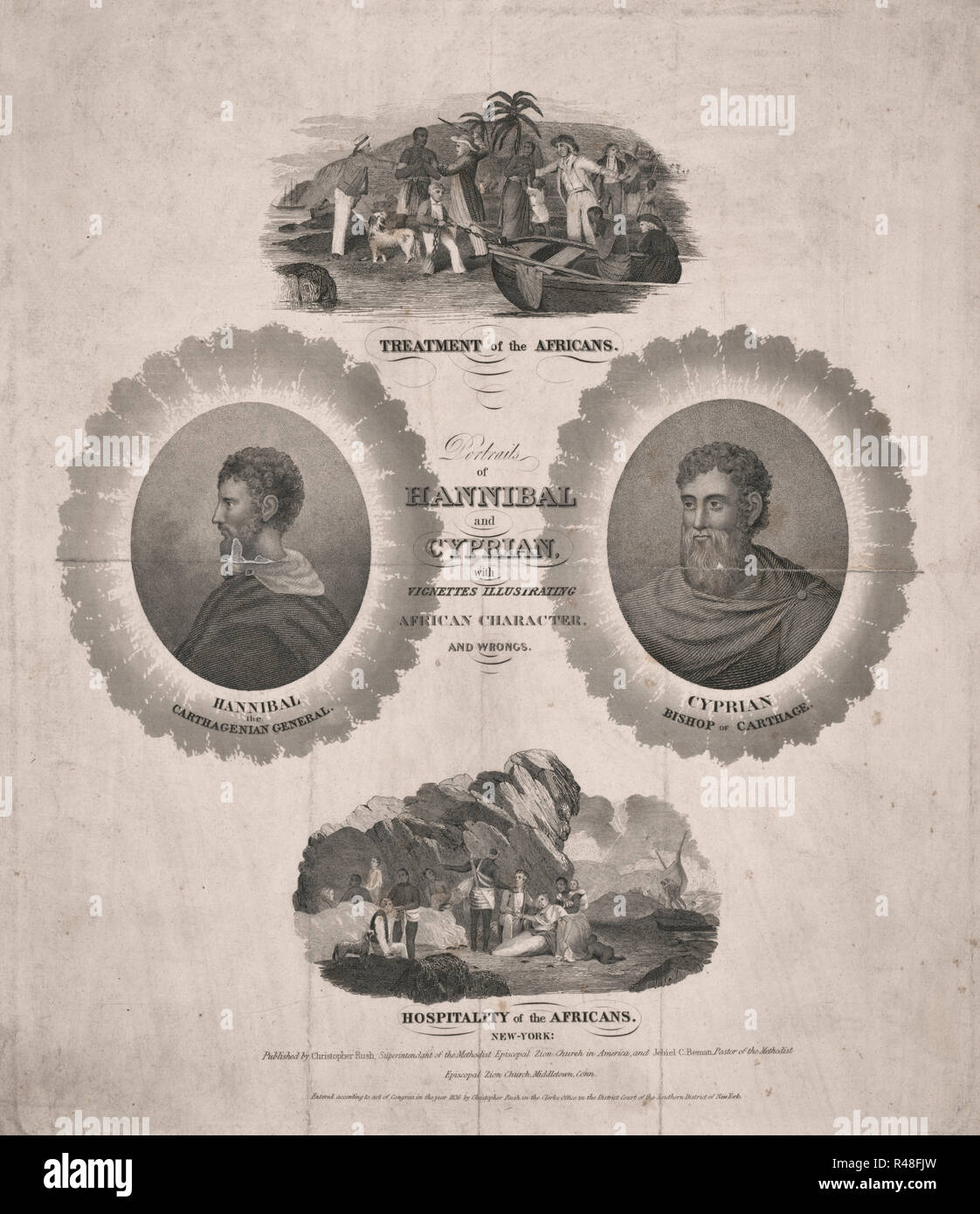 Portraits of Hannibal and Cyprian, with vignettes illustrating African character and wrongs - An abolitionist print, asserting the nobility of the African peoples and deploring their inhumane treatment under the slave trade. There are two vignettes: 'Treatment of the Africans' (top) showing African natives being beaten and abducted by slave traders, and 'Hospitality of the Africans' (bottom) showing shipwrecked whites saved and nursed by African natives. Appearing in aureoles of light are bust portraits of two outstanding African historical figures, 'Hannibal the Carthagenian General' and 'Cyp Stock Photo