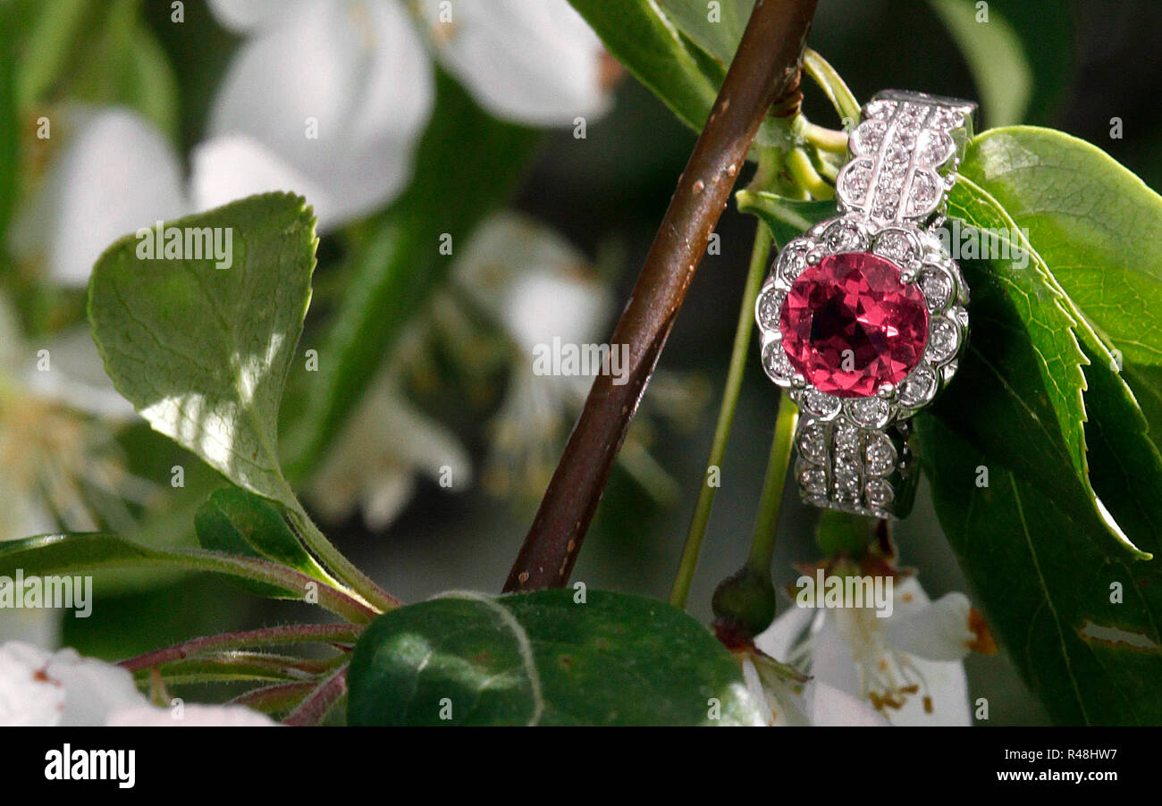 Pink diamond tourmaline engagement ring Stock Photo
