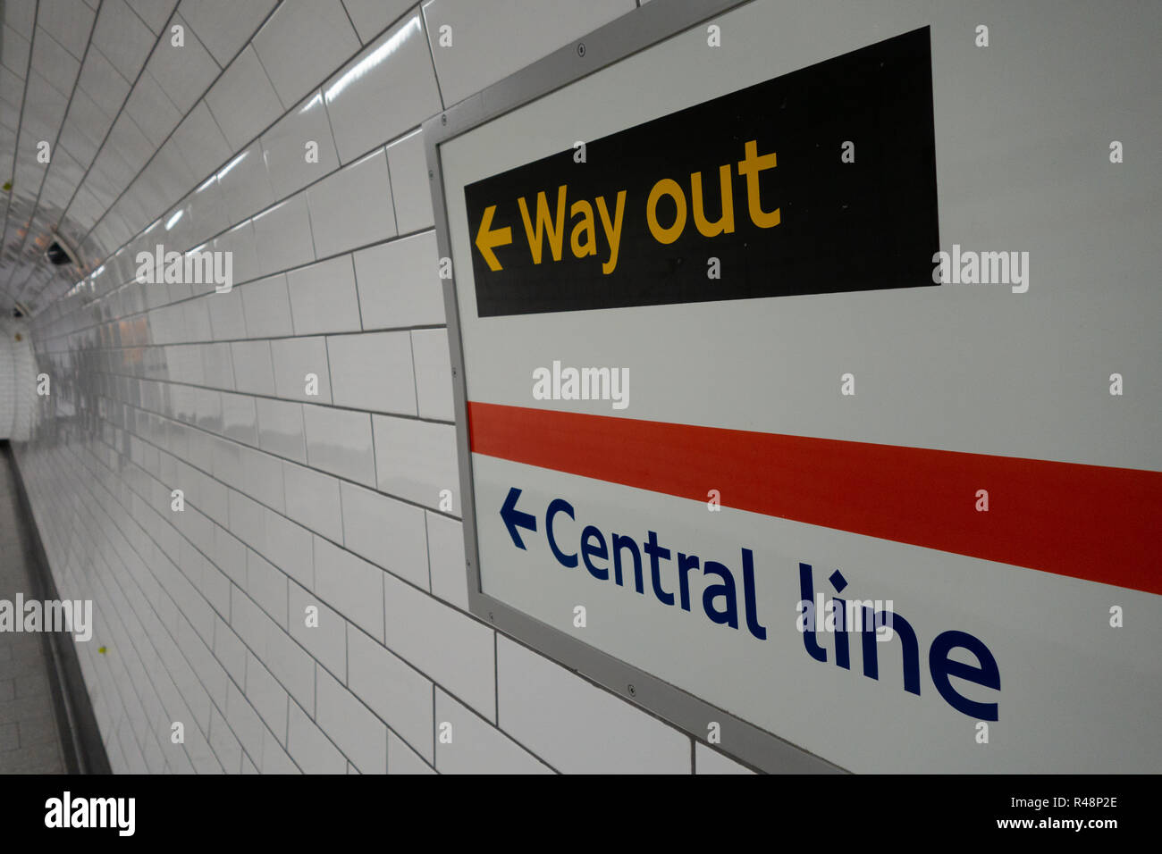 Way Out direction and Central Line sign on the tube Underground in London, England Stock Photo
