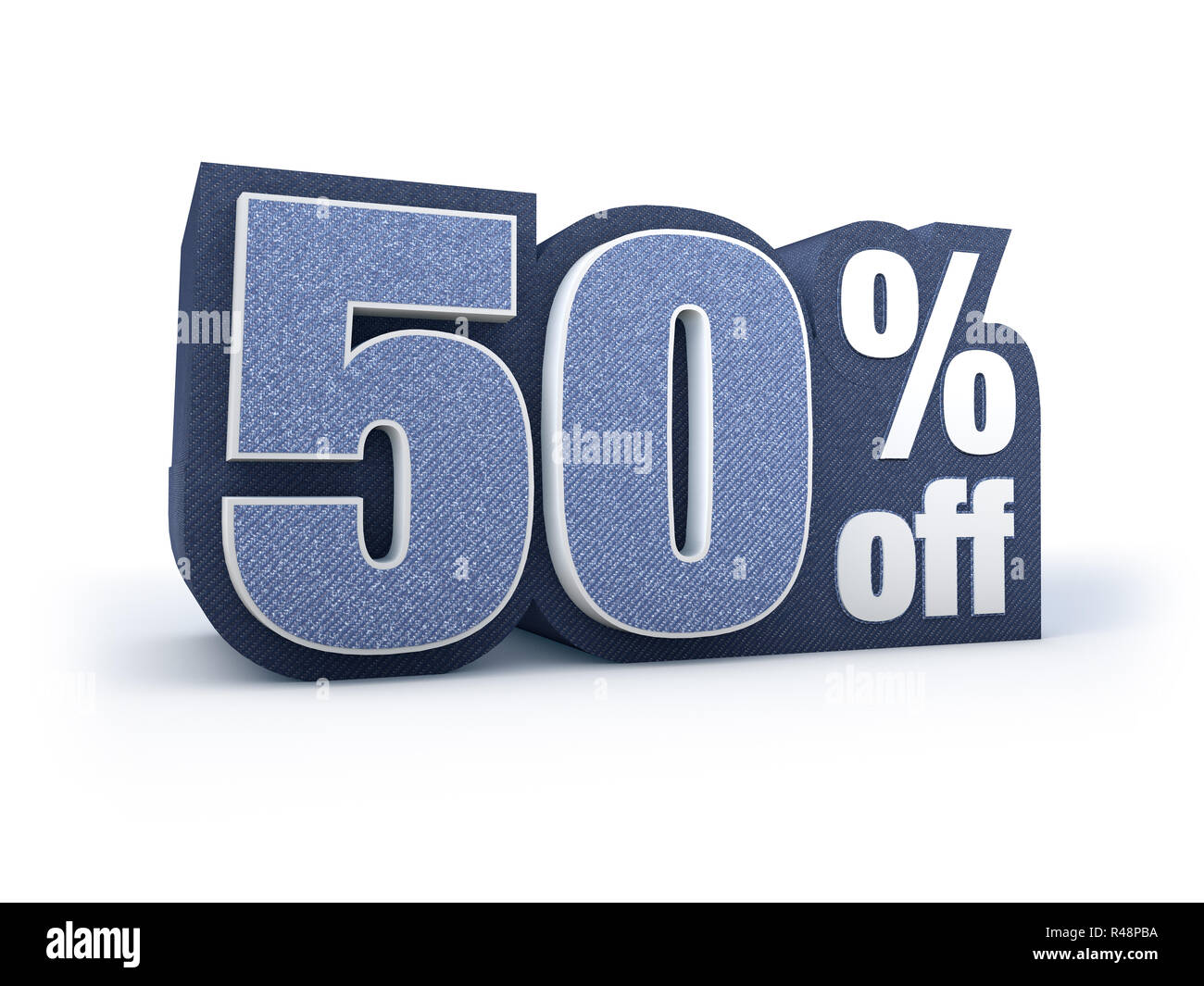 50 percent off denim styled discount price sign Stock Photo