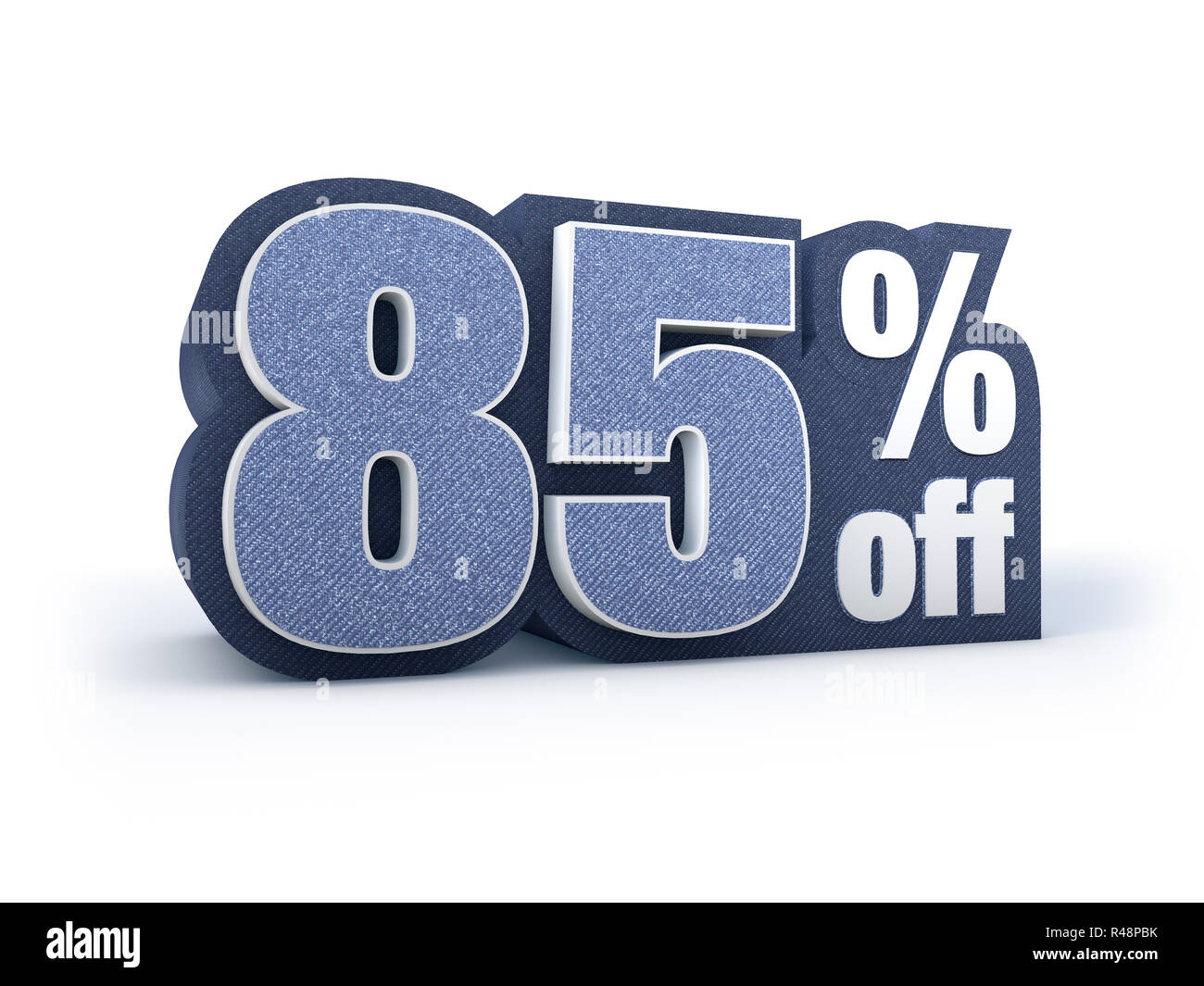 85 percent off denim styled discount price sign Stock Photo