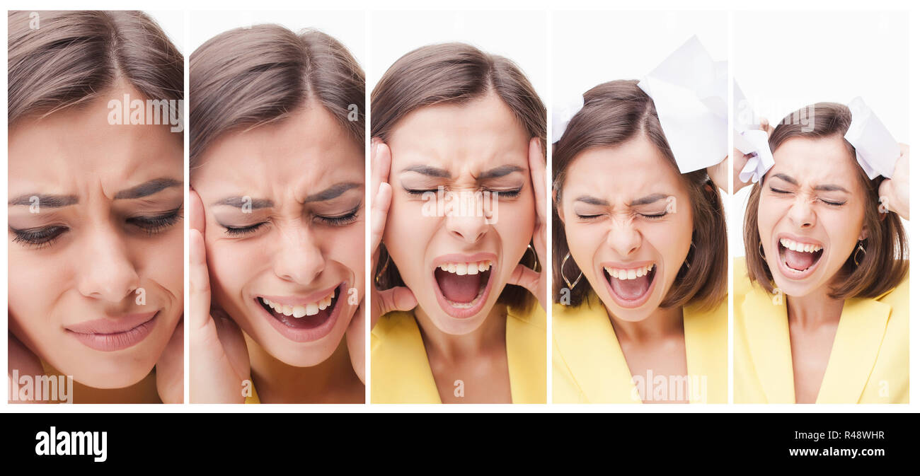 The collage of a beautiful business woman in stress Stock Photo