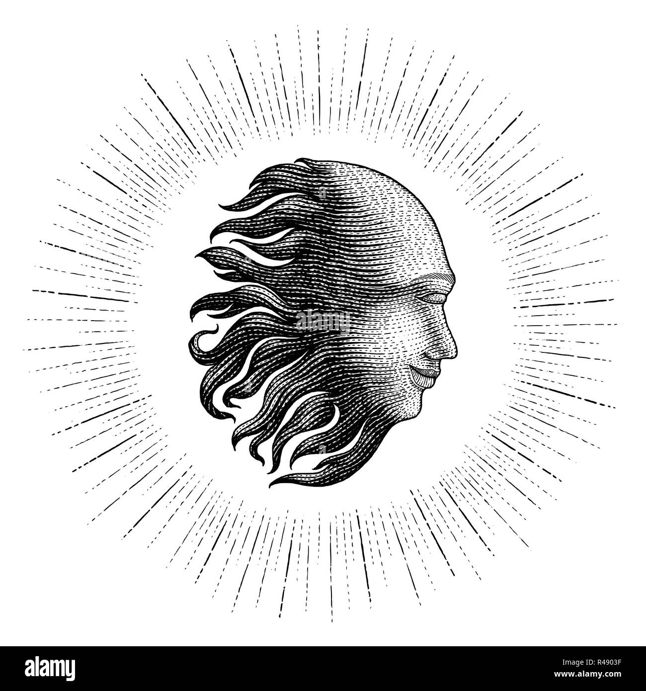Face in Sun with sparkle hand drawing vintage engraving money line detail style for tattoo Stock Vector
