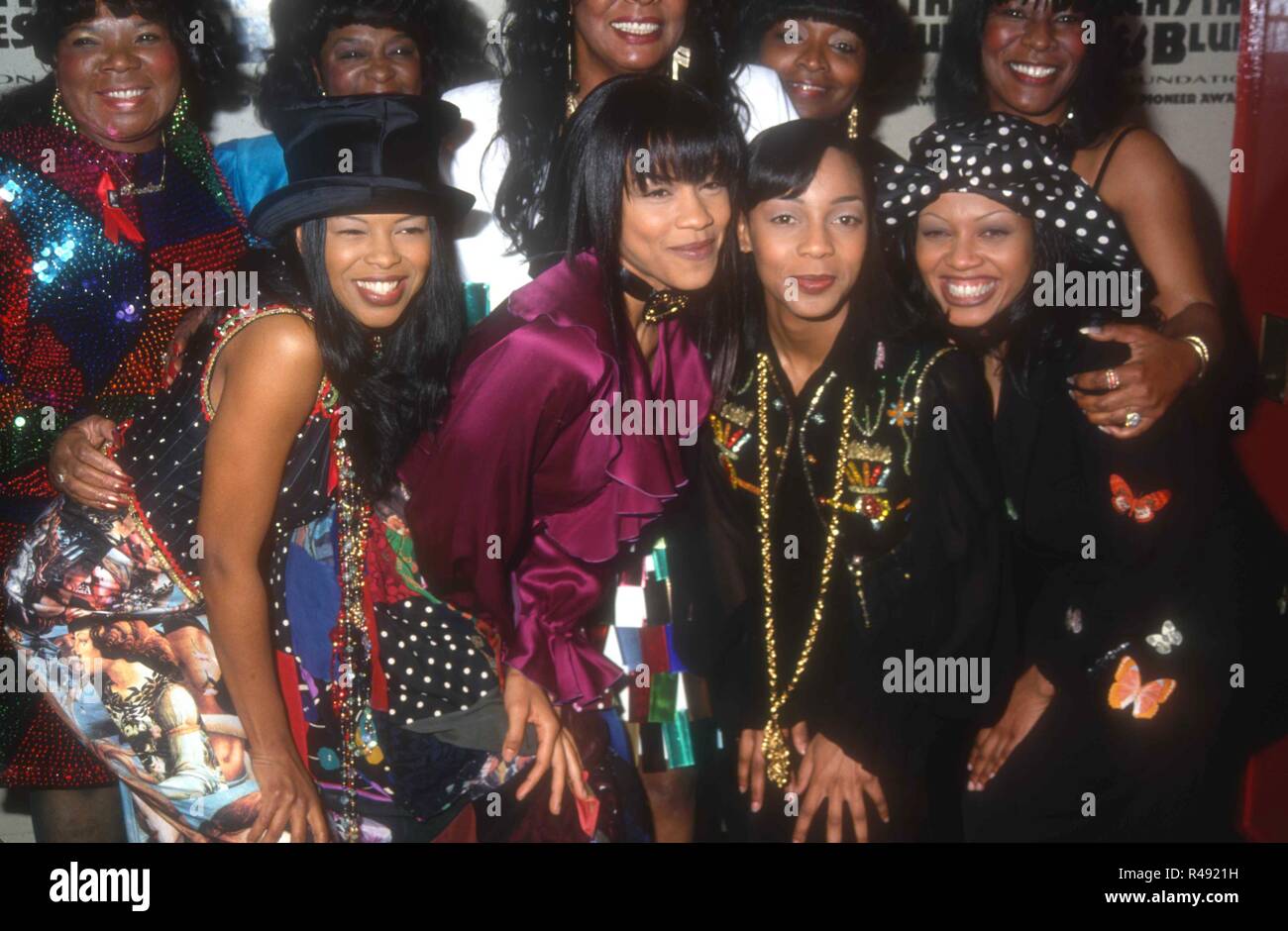 LOS ANGELES, CA - FEBRUARY 25: Singers Dawn Robinson, Cindy Herron Terry Ellis and Maxine Jones of music group En Vogue attend The Rhythm & Blues Foundation's Fourth Annual Pioneer Awards on February 25, 1993 at the Palace Theatre in Los Angeles, California. Photo by Barry King/Alamy Stock Photo Stock Photo