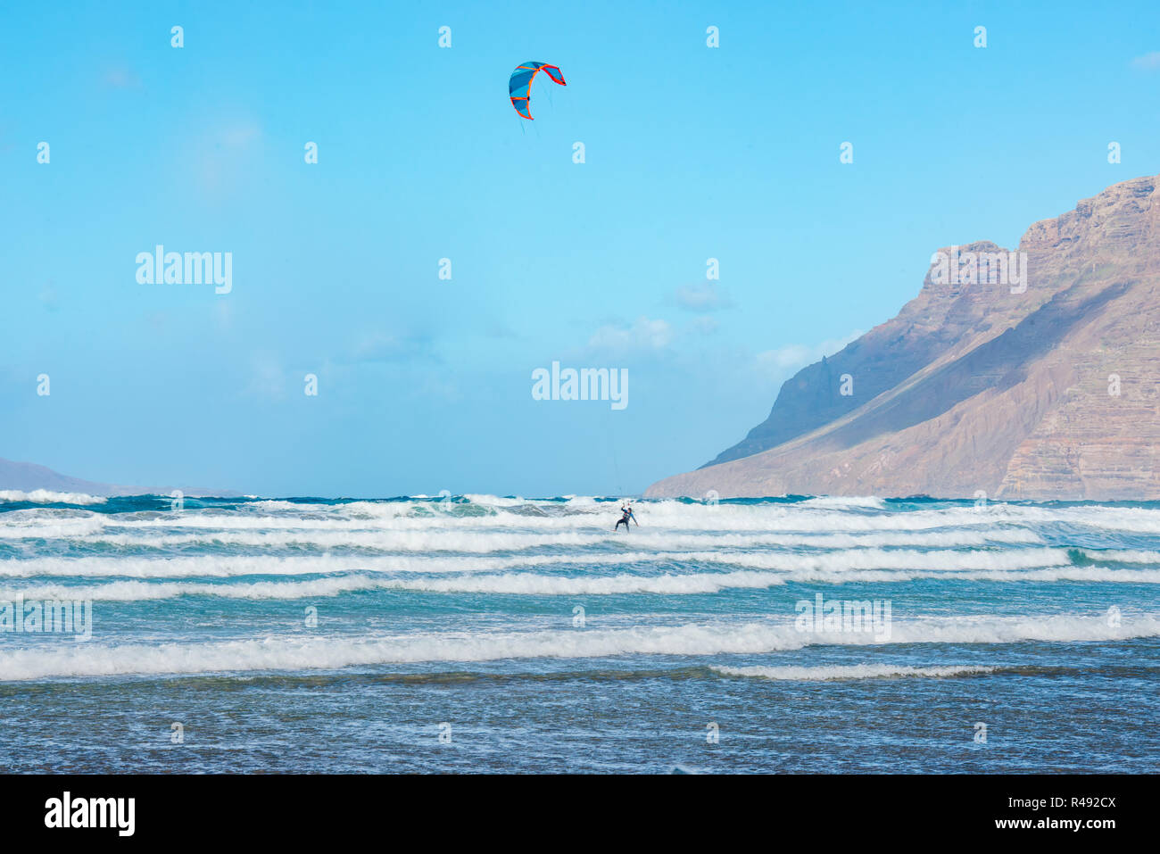 Kitesurfers in Lanzarote Caleta de Famara Stock Photo