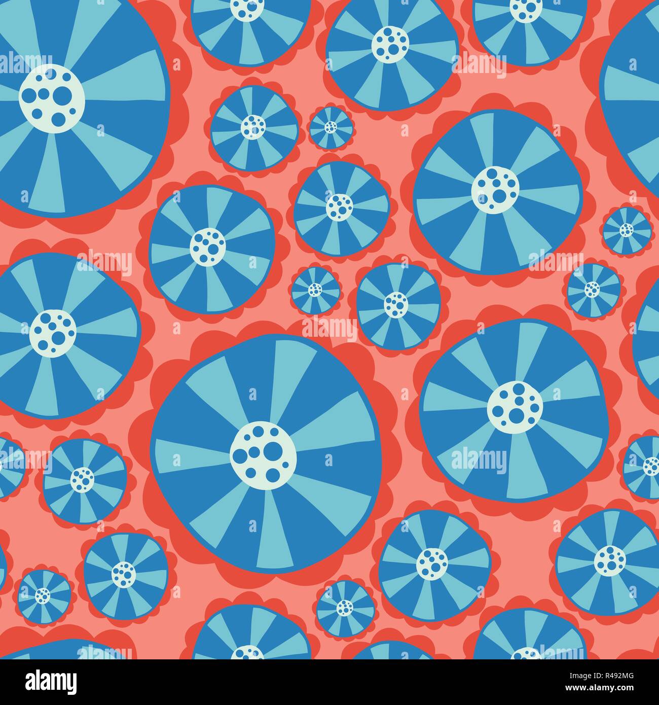 Hippie flowers. Flower power seamless vector background. Blue and red abstract flowers on pink Stock Vector