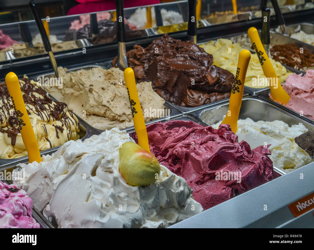 Pisa, Italy Oct 18, 2018. Different types of Italian ice cream