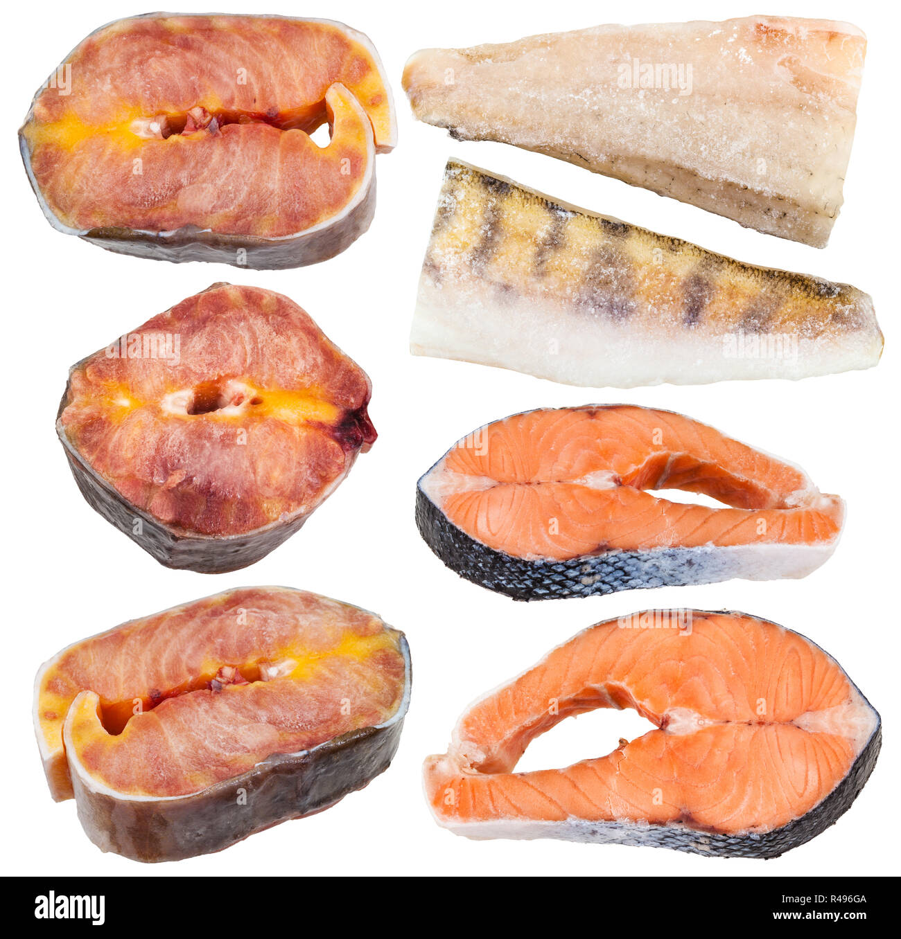 set of frozen fish fillets and steaks isolated Stock Photo Alamy