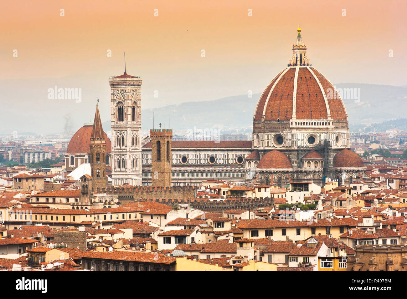 Cathedral Santa Maria Del Fiore with Giotto's Campanile at sunset in Florence, Italy Stock Photo
