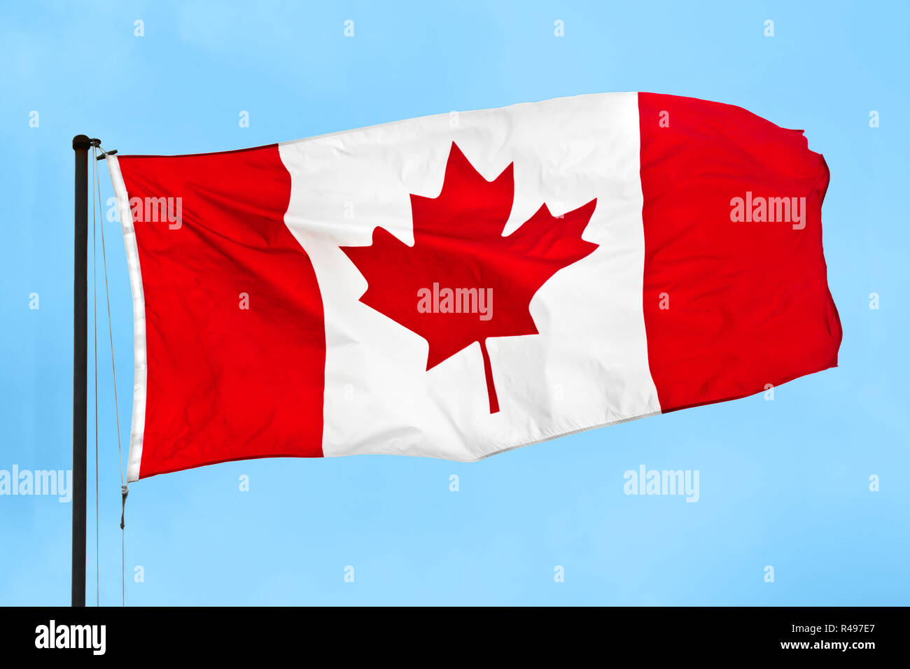 Canadian flag waving in the wind on a clear blue sky Stock Photo