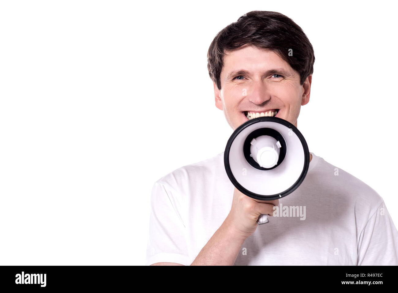 Loud Message Definition Young man shares a loud message Stock Photo - Alamy