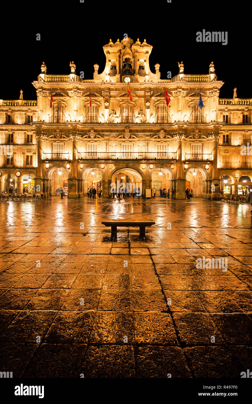Famous Plaza Mayor in Salamanca at night, Castilla y Leon, Spain Stock Photo