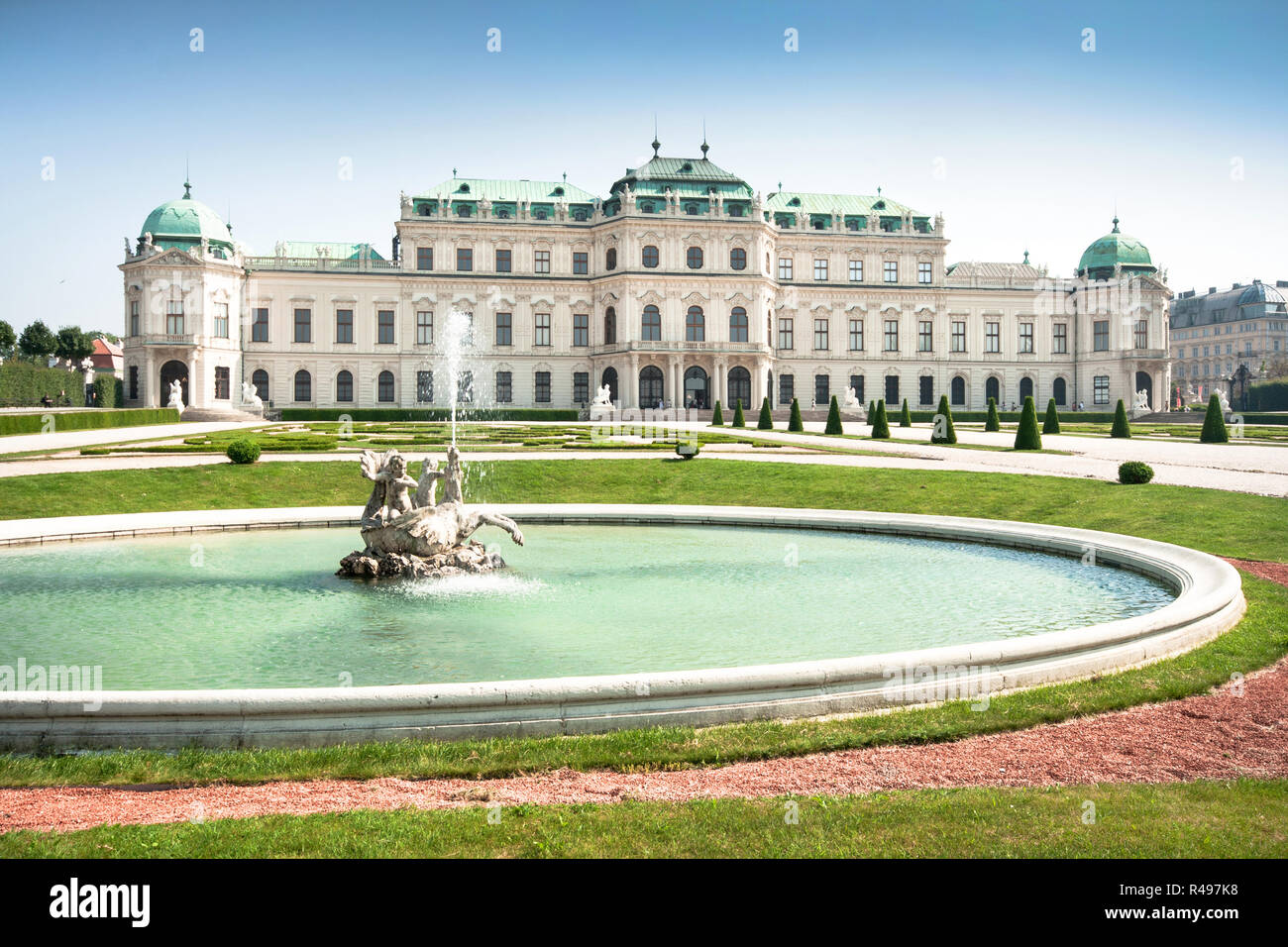 Beautiful view of famous Schloss Belvedere, built by Johann Lukas von Hildebrandt as a summer residence for Prince Eugene of Savoy, in Vienna, Austria Stock Photo