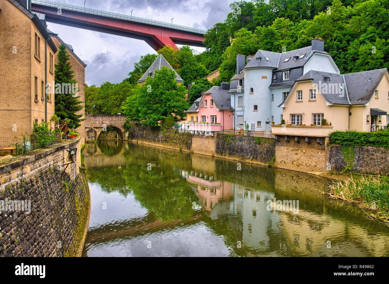 River with houses and bridges in Luxembourg, Benelux, HDR Stock Photo ...