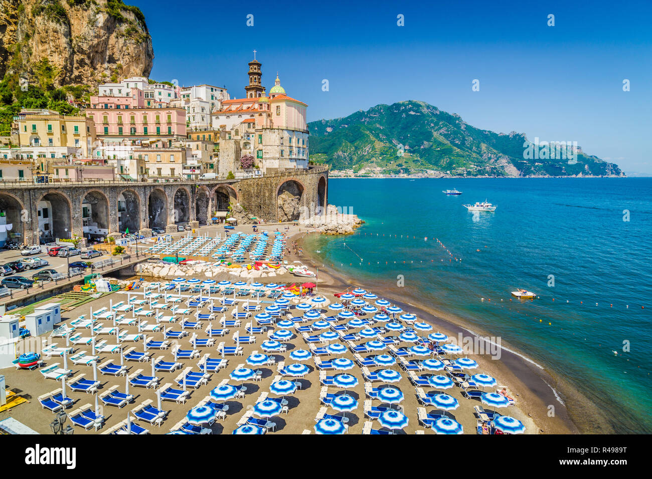 Scenic picture-postcard view of the beautiful town of Atrani at famous Amalfi Coast with Gulf of Salerno, Campania, Italy Stock Photo