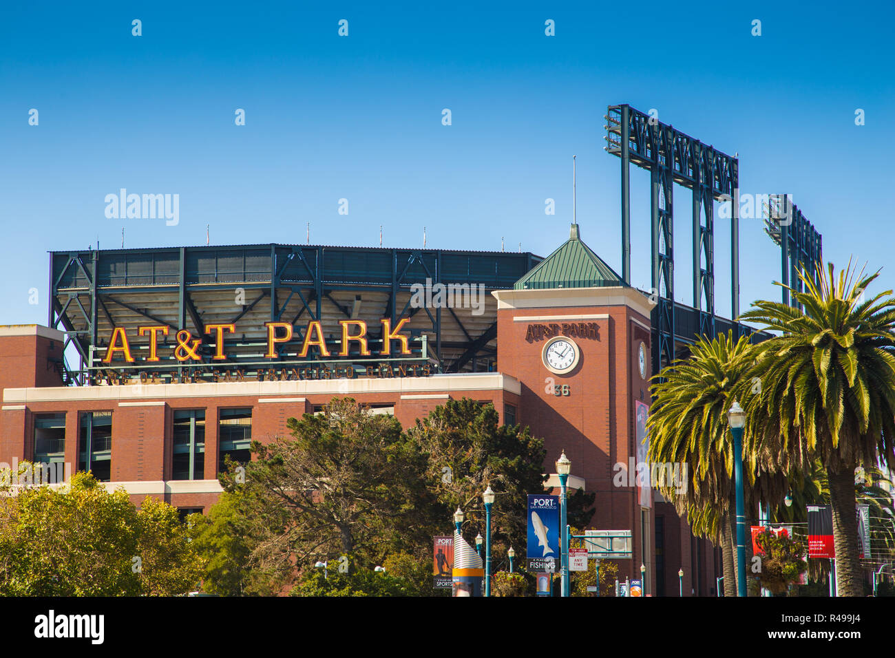 Panorama view of historic AT&T Park baseball park, home of the San Francisco Giants professional baseball franchise, on a beautiful sunny day Stock Photo