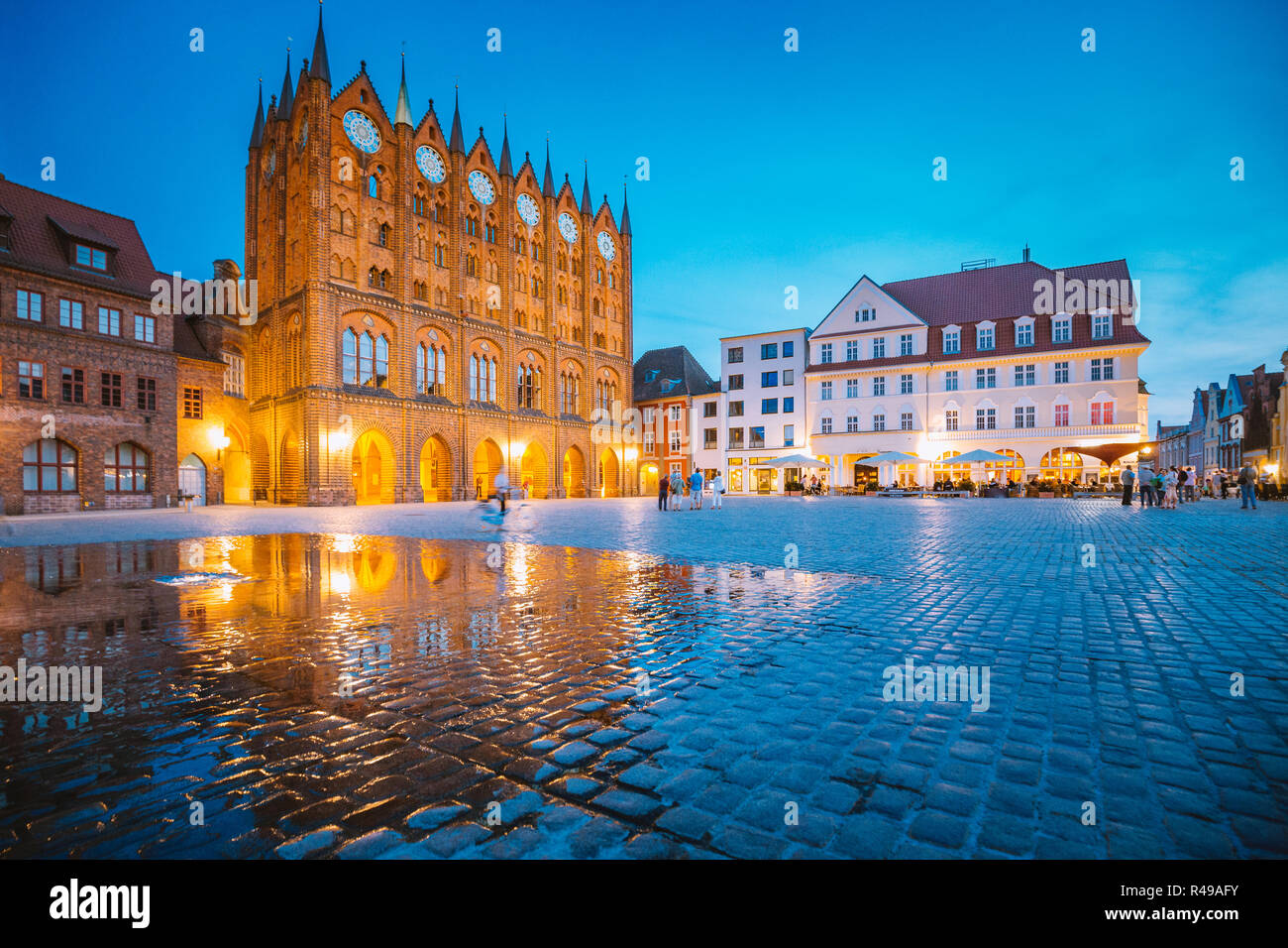 Classic twilight view of the hanseatic town of Stralsund during blue hour at dusk, Mecklenburg-Vorpommern, Germany Stock Photo